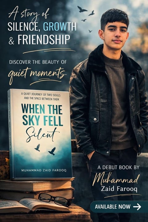 Book cover promotional image for When the Sky Fell Silent by Muhammad Zaid Farooq, featuring a young man in a black jacket with a book and open notepad